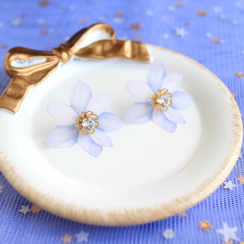 blue lavender organza Silk Hand Painted diamond crystal flower Earrings gift  - Earrings & Clip-ons - Silk Blue