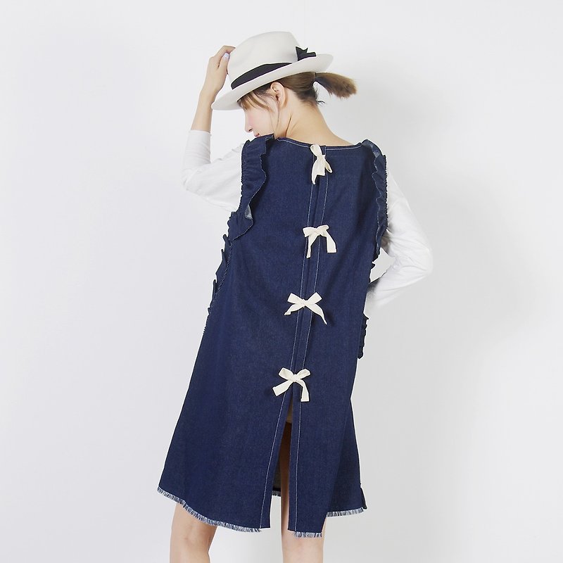 Rear strap lace Dress Denim Dress - imakokoni - One Piece Dresses - Cotton & Hemp Blue