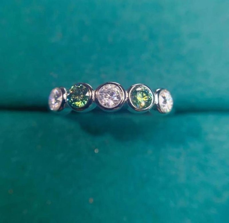 White and Green Moissanite Band Ring, Moissanite Half-Eternity Band - General Rings - Sterling Silver 