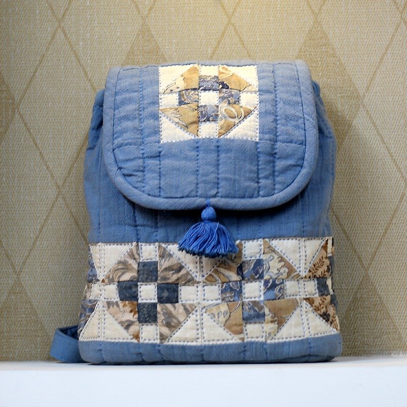 Light blue geometric patch backpack ❖ exclusive hand sewing bag ❖ - Backpacks - Cotton & Hemp Blue