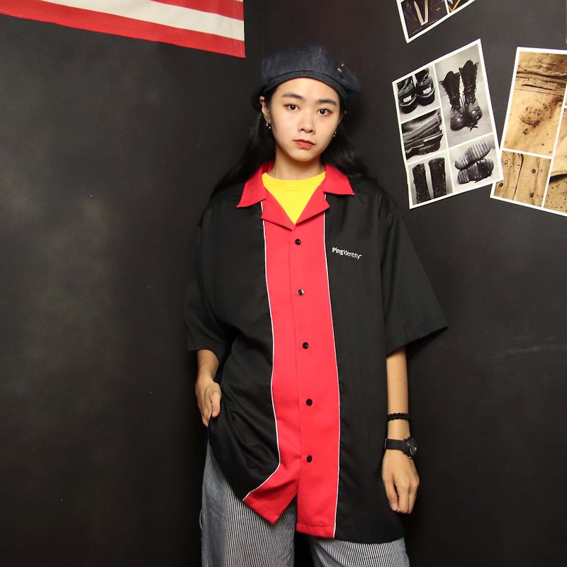 Tsubasa.Y Ancient House 003 red and black embroidered bowling shirt, bowling shirt - เสื้อเชิ้ตผู้ชาย - ผ้าฝ้าย/ผ้าลินิน 