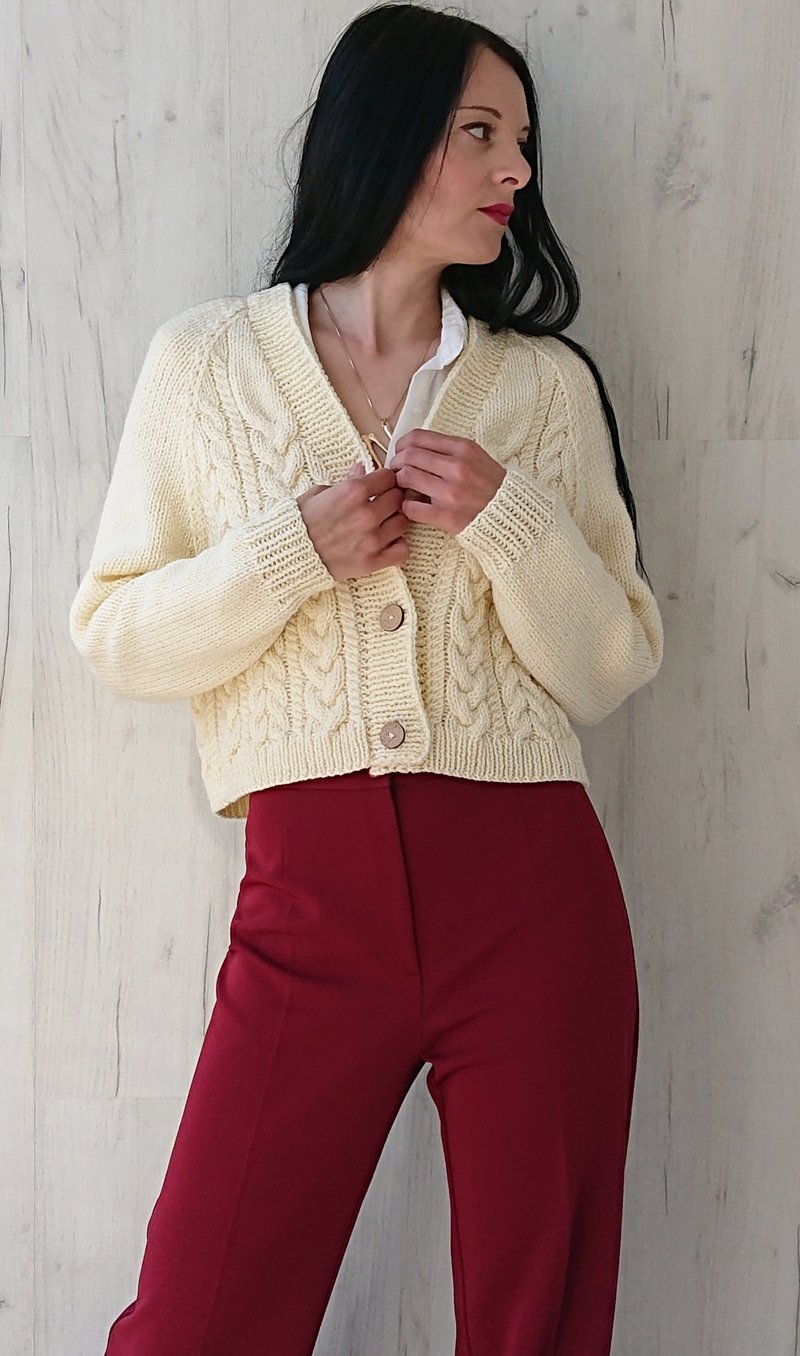 White sweater jacket Button long sleeve top Twist sweater Wool sweater coat - 女裝毛衣/針織衫 - 羊毛 