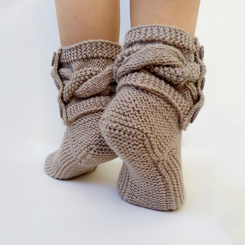 Cable Knit Slippers Knitted Slippers Women Socks Wool Slipper Boots Bed Socks - รองเท้าบูทสั้นผู้หญิง - ขนแกะ สีนำ้ตาล