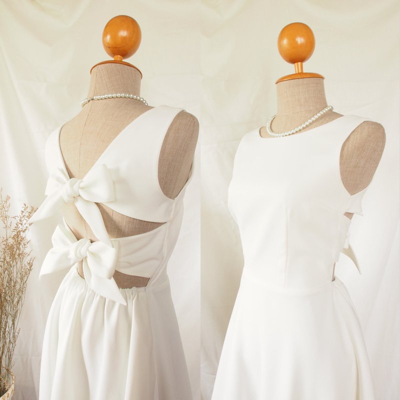 Ella wedding dress minimal white wedding back bow sweet romantic dress - 洋裝/連身裙 - 聚酯纖維 白色