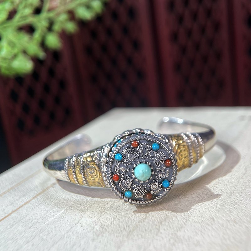 Tibetan Silver Tube Turquoise South Red Silver Bracelet Bracelet Heavy Industry S925 Retro Silver Live Bangle Six-character Mantra - สร้อยข้อมือ - เงิน 