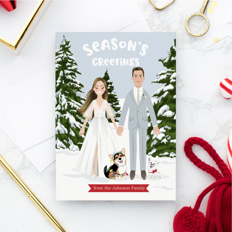 Custom cartoon Christmas card with bride and groom. Printable portrait card. - 電子喜帖/賀卡/邀請函 - 其他材質 