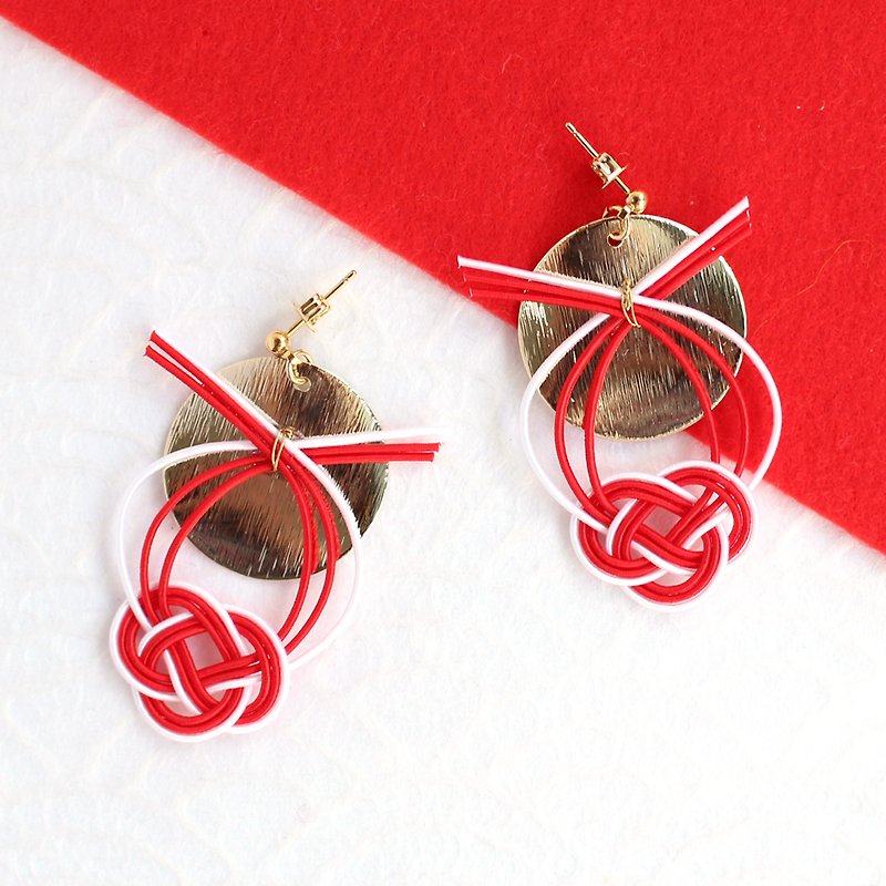 japanese style pierce earring / mizuhiki / japan / accessory / sun / red / gold - 耳環/耳夾 - 絲．絹 紅色