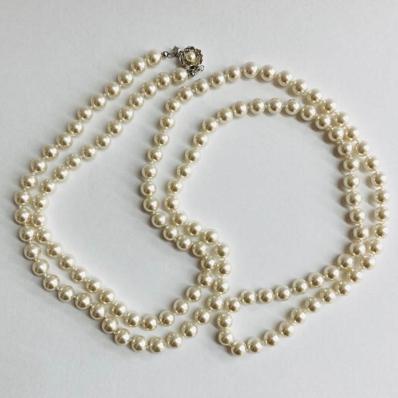 Glass pearl 3-way all-knot long necklace / 8mm approx. 120cm / Lt. white beige / R / Made in Japan - สร้อยคอ - แก้ว ขาว