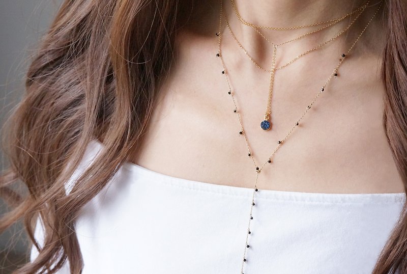 [14KGF] Lariat Y Choker Necklace, Gemstone, Tiny Druzy - Necklaces - Gemstone Blue