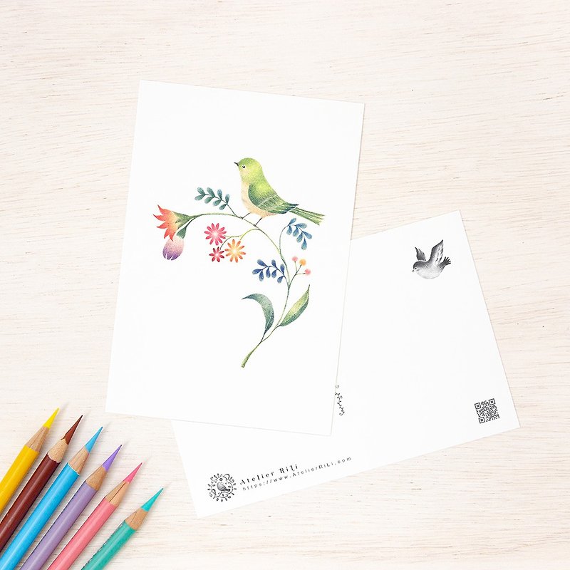 Set of 5 pieces. Like a picture book. Postcard "Green Birds and Flowers" PC-38 - การ์ด/โปสการ์ด - กระดาษ สีเขียว