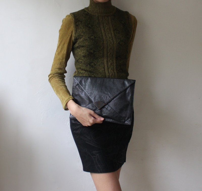 FOAK古著 義大利Krizia黑色蜥蜴皮紋古董手拿包 - 手拿包 - 真皮 