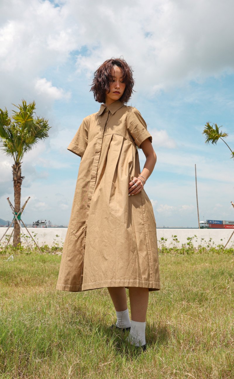 連身百褶裙 Maxi Pleated Skirt - 洋裝/連身裙 - 棉．麻 卡其色