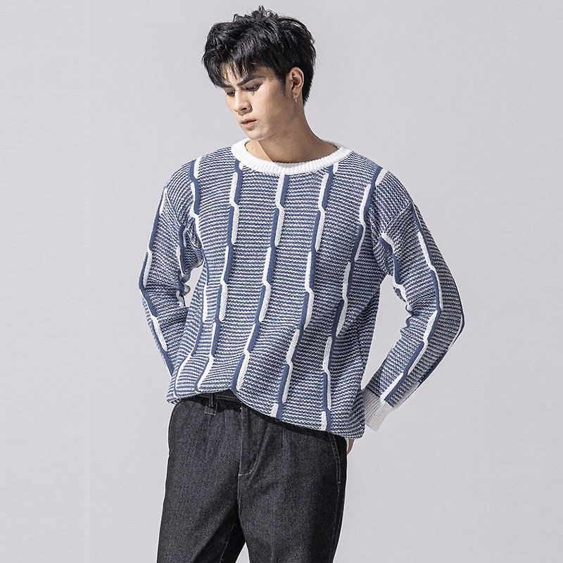 Round collar stripe jacquard pullovers knitwear - สเวตเตอร์ผู้ชาย - ผ้าฝ้าย/ผ้าลินิน สีน้ำเงิน