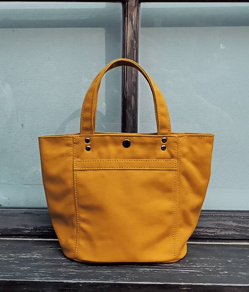 Contrast color series canvas bag small tote bag drink bag handbag natural yellow - กระเป๋าถือ - ผ้าฝ้าย/ผ้าลินิน สีส้ม