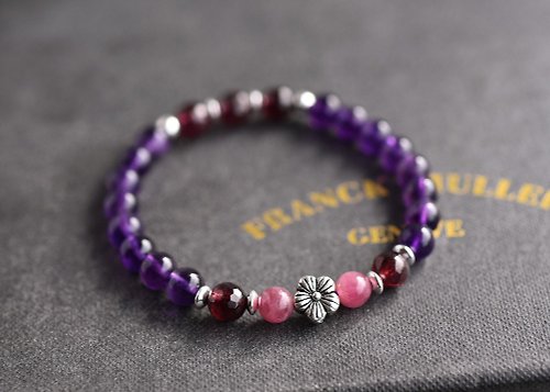 CaWaiiDaisy Handmade Jewelry 切面石榴石+碧璽+紫水晶純銀花朵手鍊