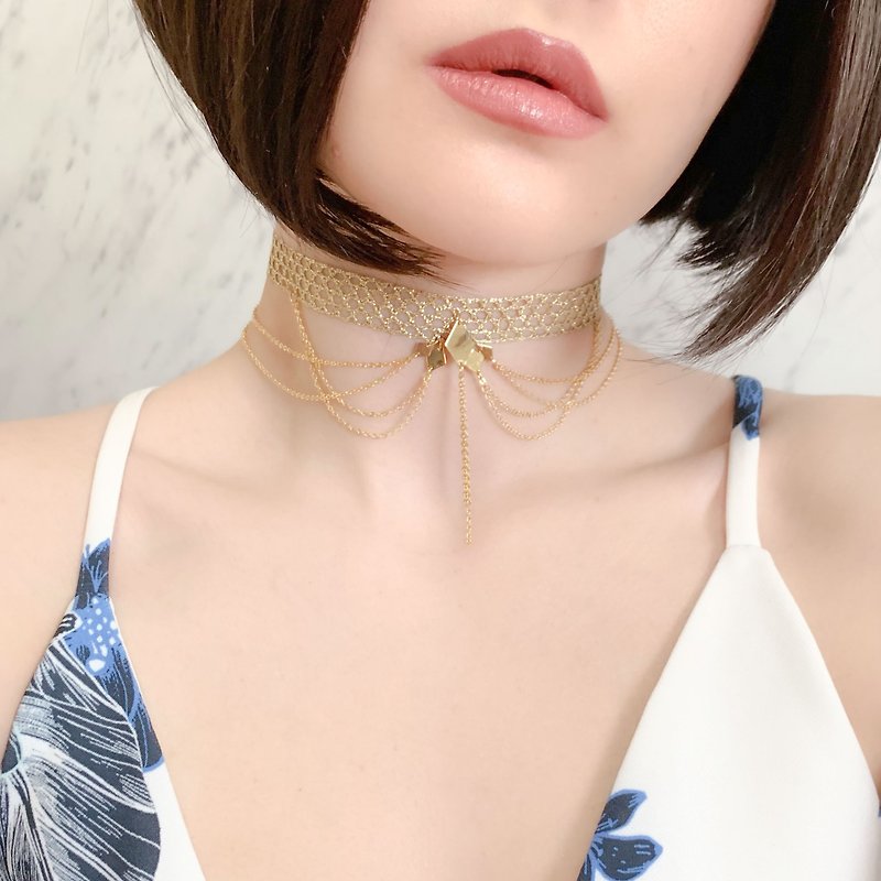 Gold/Golden Peacock/Chain and Gold Braid Choker SV198G - Chokers - Polyester Gold