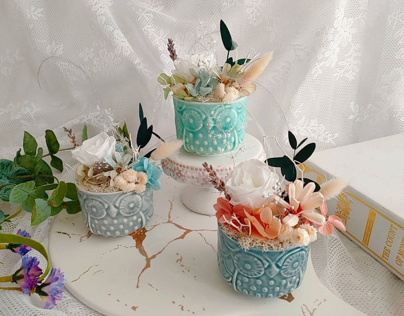 [Blue core hand-made] Childlike owl, dry flower pot flower graduation bouquet birthday gift opening ceremony - ช่อดอกไม้แห้ง - พืช/ดอกไม้ 