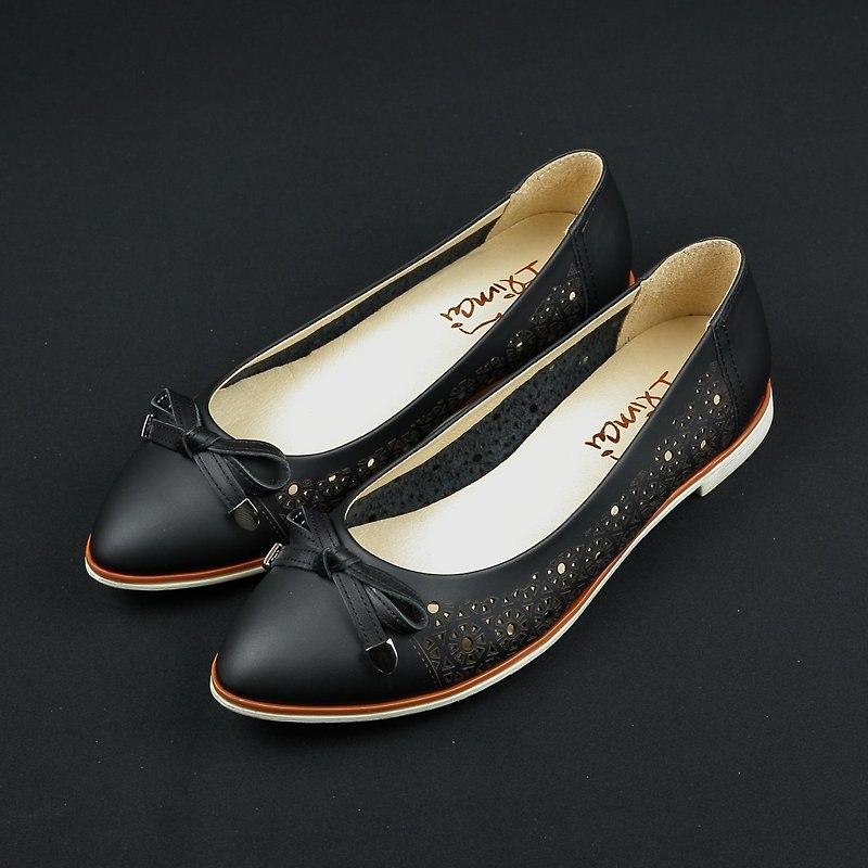 Bowknot Basket Empty Carved Low Heel Pointed Toe Shoes-Intellectual Black - Women's Casual Shoes - Genuine Leather Black