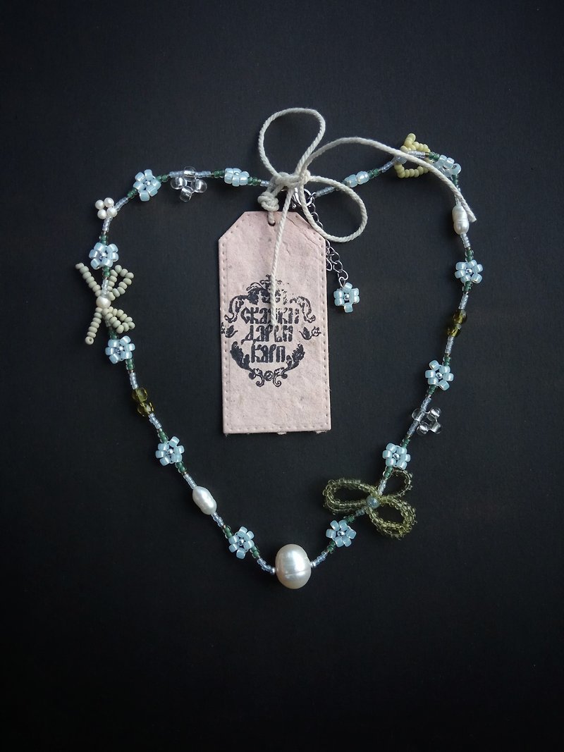 White and green beaded necklace, dainty pearl flower choker, aesthetic jewelry - 項鍊 - 珍珠 綠色