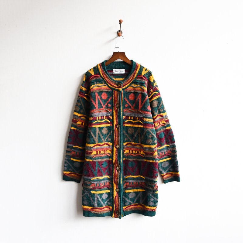 【蛋植物古著】雨林塗鴉精工織花開襟古著毛衣 - 女毛衣/針織衫 - 其他人造纖維 綠色