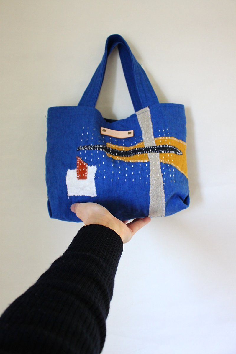 miniTote bag Collage　blue - Handbags & Totes - Cotton & Hemp Blue