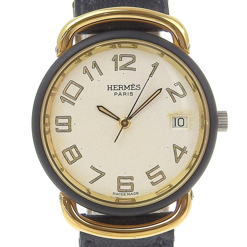 【日本直送】エルメス HERMES プルマン 腕時計 SS × 金メッキ × レザー ゴールド Z クオーツ アナログ表示 白文字盤 メンズ【中古】 - 女錶 - 不鏽鋼 金色
