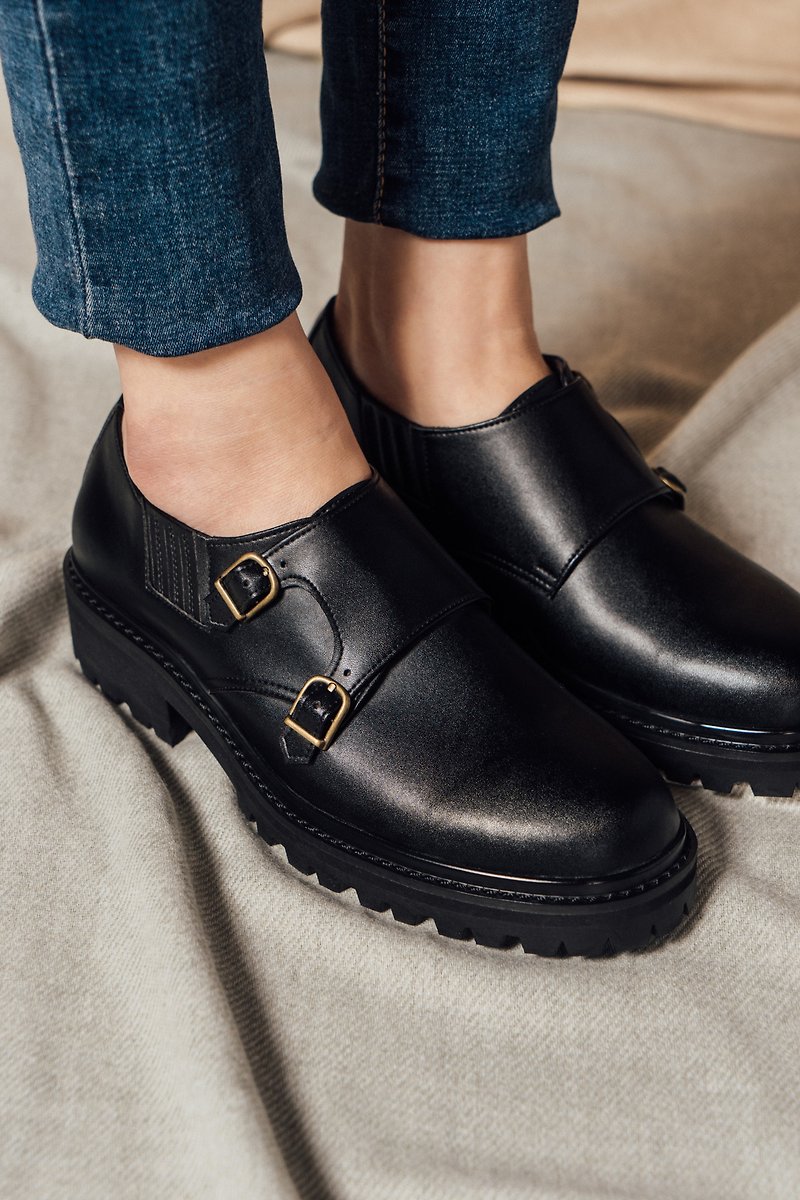GULLAR 女士 雙釦孟克馬丁-素食皮鞋 - 女款休閒鞋 - 環保材質 黑色