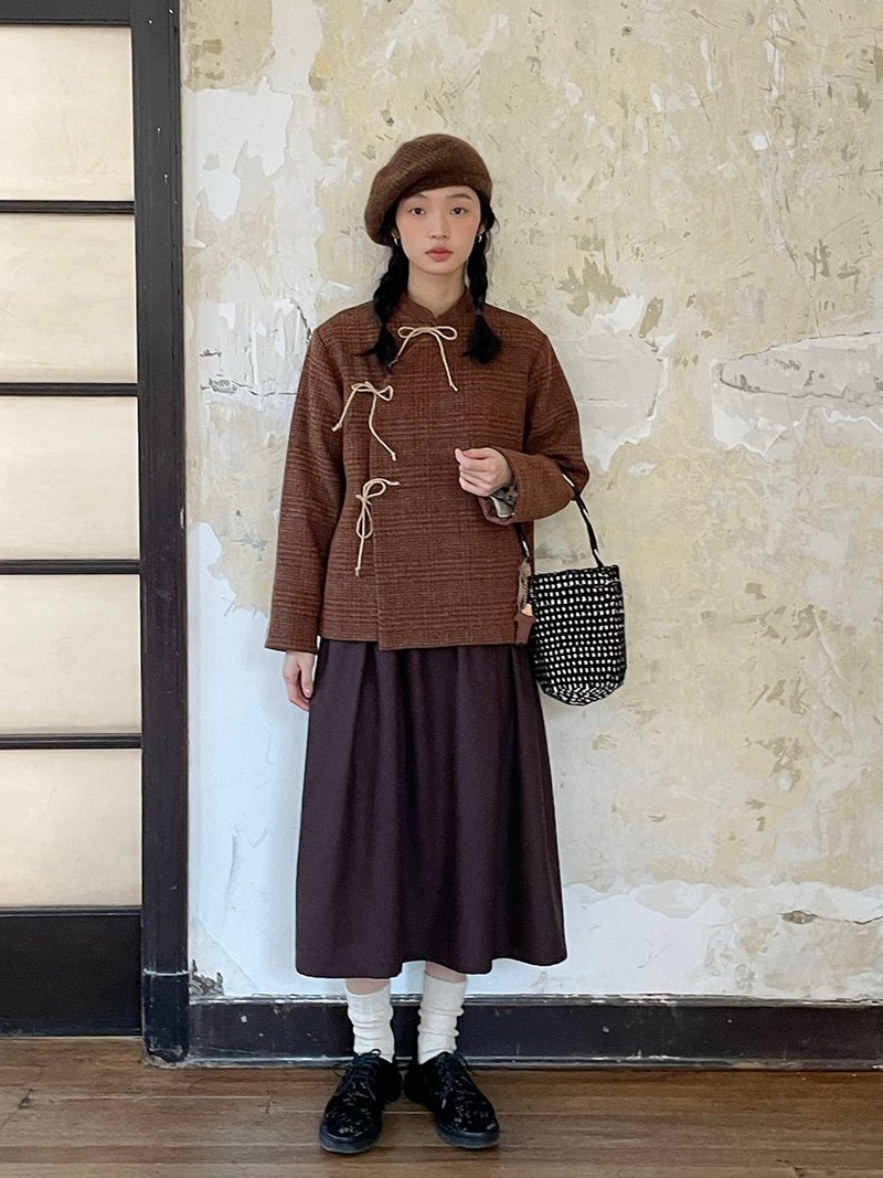 秋冬 羊毛雜色格子 中式立領麻繩綁帶小外套 - 女大衣/外套 - 羊毛 多色