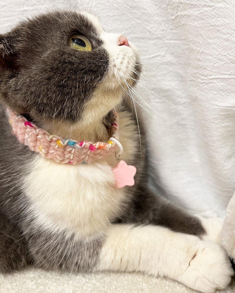 [No bell + safety buckle] Wool Sakura Pink Star-Cat Collar Handmade/Wool/Cat Collar/Safety - ปลอกคอ - ขนแกะ 