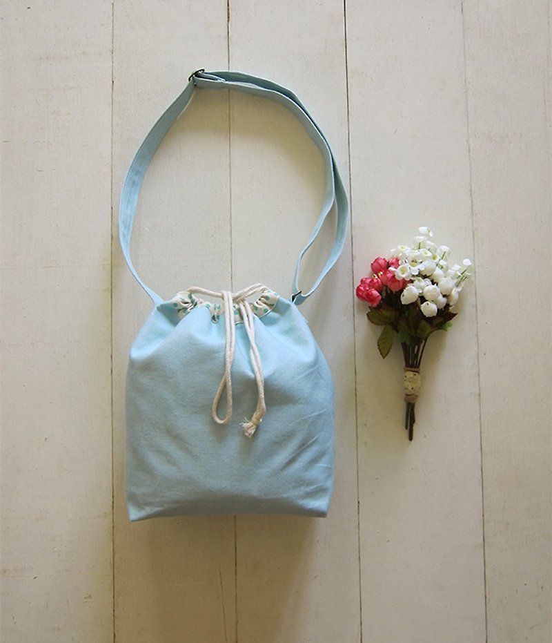 Bucket Bag (Rope Closure W / Adjustable Strap) - Washed Canvas Light Blue  + Tiffany Dot - Messenger Bags & Sling Bags - Cotton & Hemp Multicolor