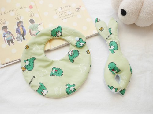 Pon Baby。愛手作。 六重紗口水巾 安撫兔兔(內有響鈴) 彌月禮盒 綠底恐龍款
