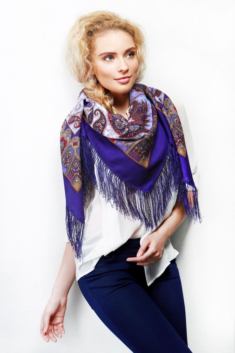 Pavlovo Posad Russian Shawl 100% Wool Scarf 125x125 cm Wrap Silk Fringe 1344-13 - 絲巾 - 羊毛 藍色