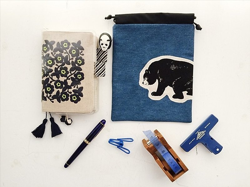ヘアモア熊のポケット収納袋（TN /ホーボー/ノート/ログ） - ノート・手帳 - コットン・麻 ブルー