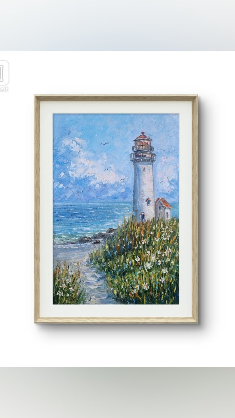 Lighthouse oil painting Original painting seascape painting - 壁貼/牆壁裝飾 - 棉．麻 藍色