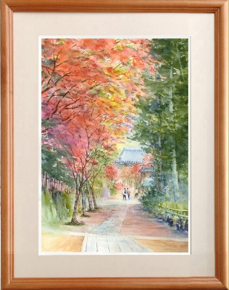 Made to order Watercolor original painting Autumn leaves on the approach to Engakuji Temple in Kamakura - Posters - Paper Red