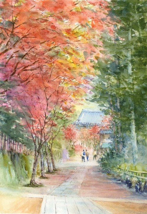 沸騰ブラドン 受注制作します ショップ - 鎌倉円覚寺参道の紅葉 水彩画原画 絵画