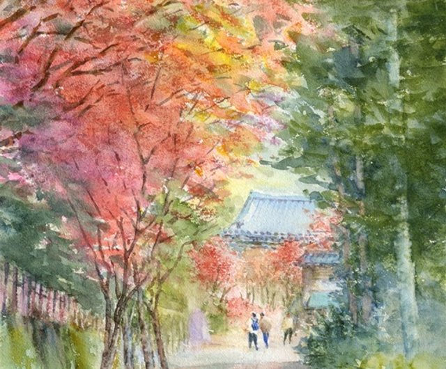 水彩画「鎌倉参道」 - 美術品