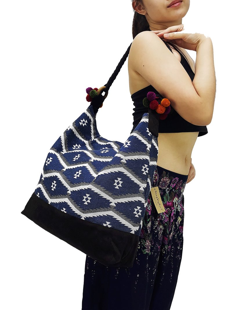 Woven Cotton Bag Tote bag Women bag Shoulder bag Shopping bag Pom Pom Strap Blue - 其他 - 其他材質 藍色