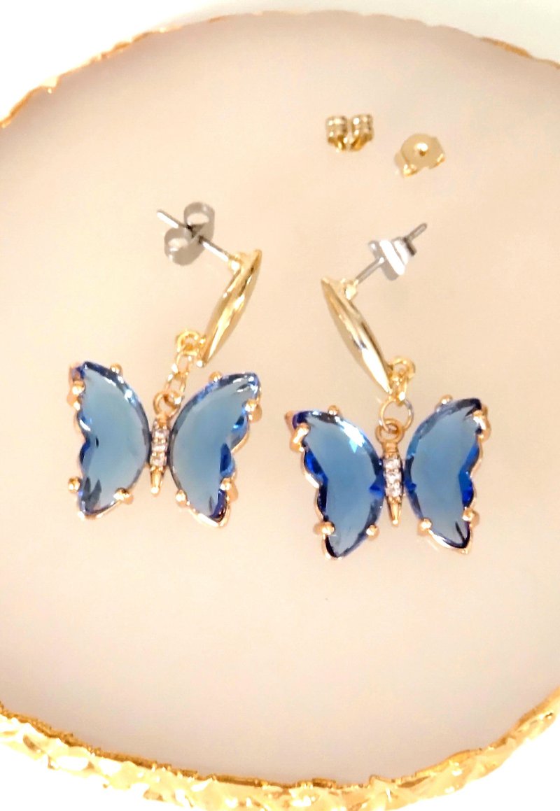 Butterfly piercing earrings - Earrings & Clip-ons - Other Metals Blue