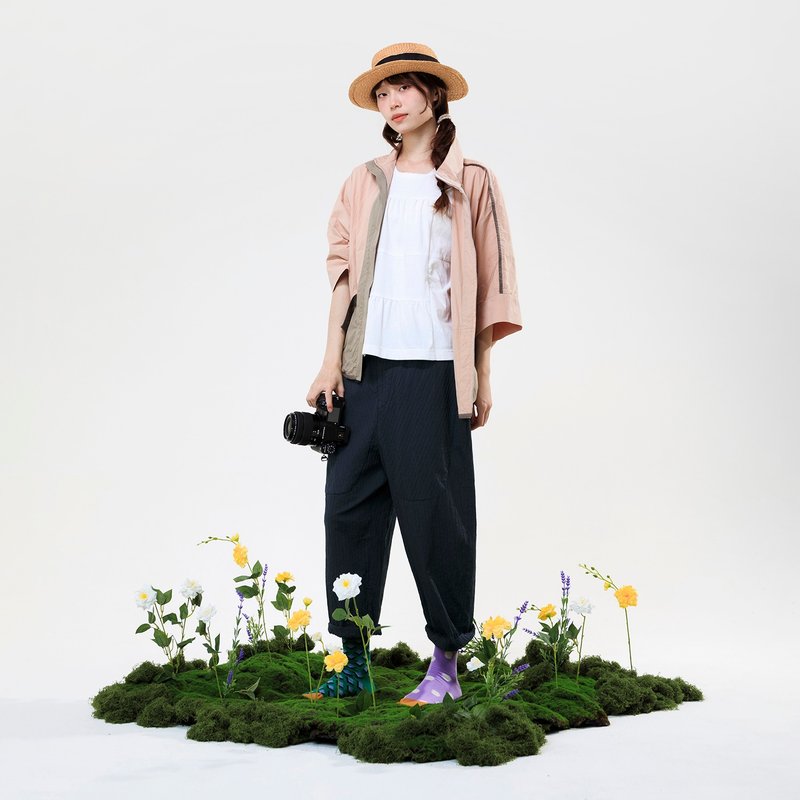 直行條織紋休閒錐形褲 - 女長褲 - 棉．麻 藍色