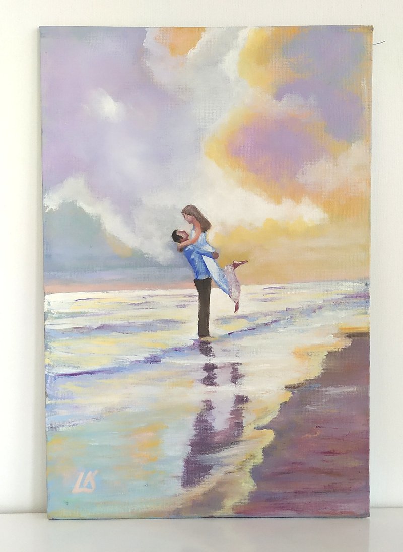 Romantic Original Oil Painting on Panel Seascape Art Sunrise Wall Art Small Art - 壁貼/牆壁裝飾 - 棉．麻 多色