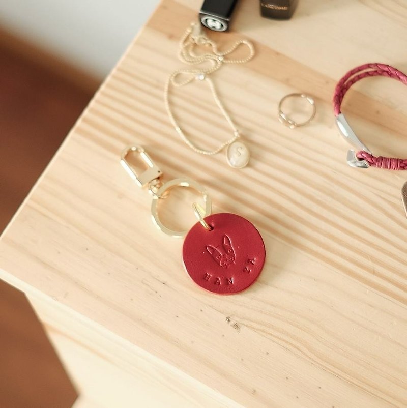 CUSTOM ORDER , Bulldog leather key chain with Golden brass ring and snap hook - ที่ห้อยกุญแจ - หนังแท้ สีแดง