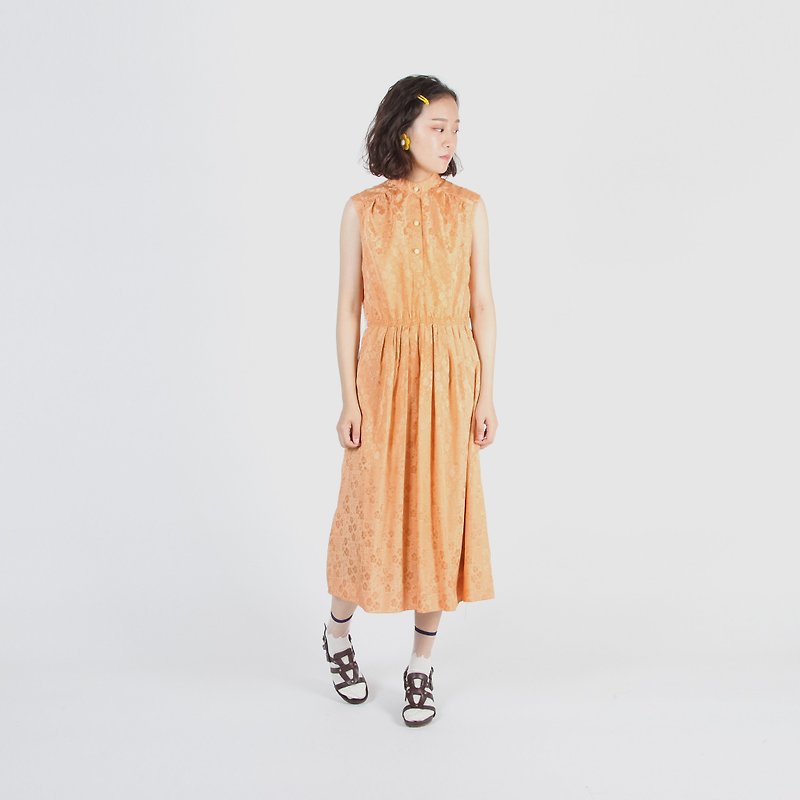 【蛋植物古着】霞彩花草素色無袖古著洋裝 - 洋裝/連身裙 - 聚酯纖維 橘色