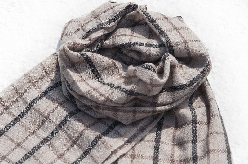 Cashmere Cashmere / Knitted Scarf / Pure Wool Scarf / Wool Shaw - French Classic Plaid - ผ้าพันคอถัก - ขนแกะ สีกากี