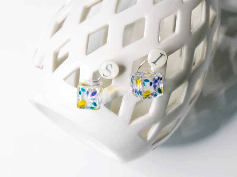 Your Sugar Cube S925 Alphabet Studs X Painted Glass Cube Backs - ต่างหู - แก้ว สีน้ำเงิน