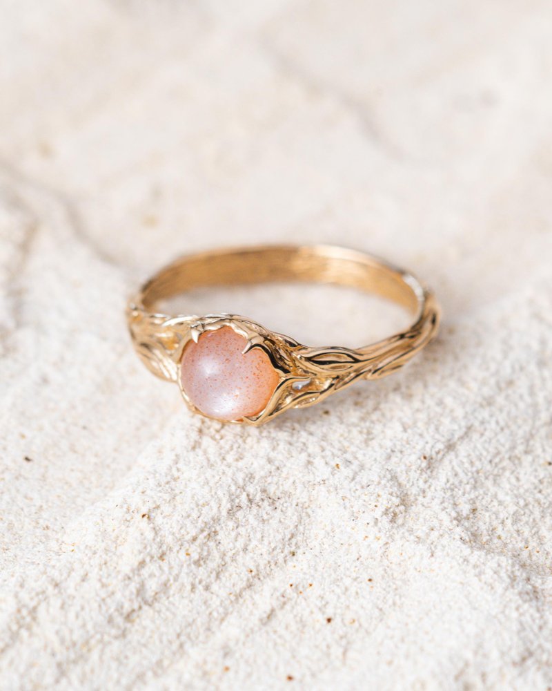 Peach moonstone solid gold ring Tika | 14k gold ring | unique promise ring - แหวนทั่วไป - โรสโกลด์ สีทอง