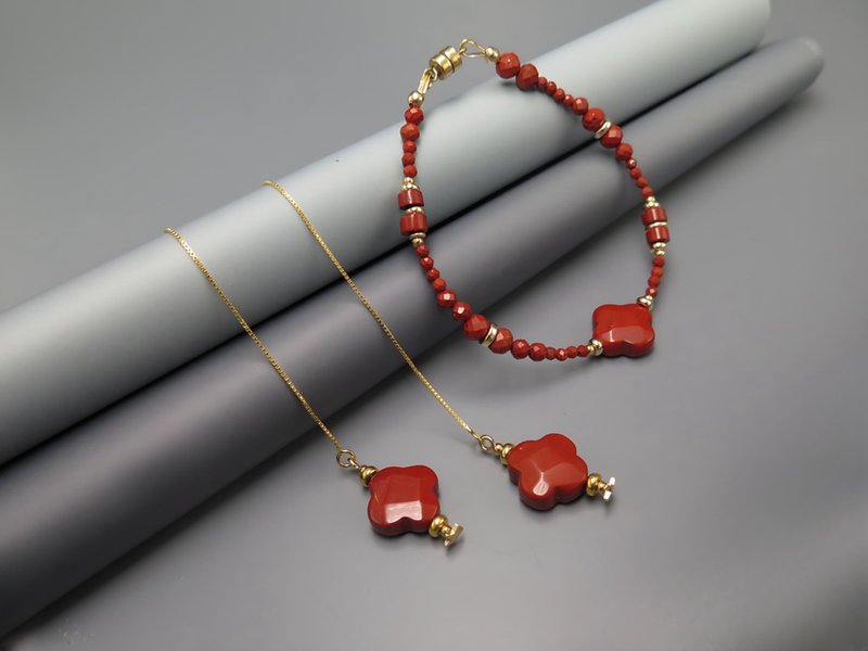 【Gift for her】COLE COOL S925 Red Jasper chain earring - ต่างหู - เครื่องประดับพลอย สีแดง