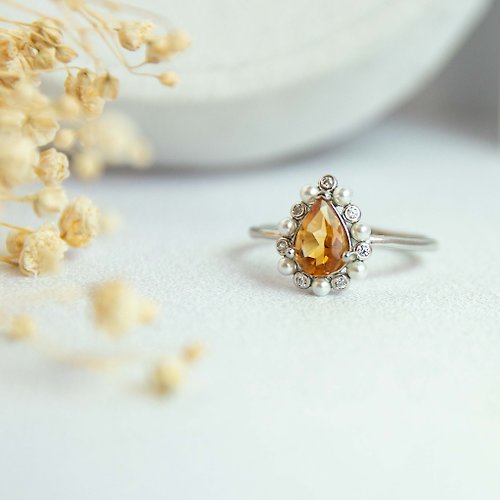 A Jewelry 黃水晶 優雅水滴 11月生日石 天然寶石 純銀戒指