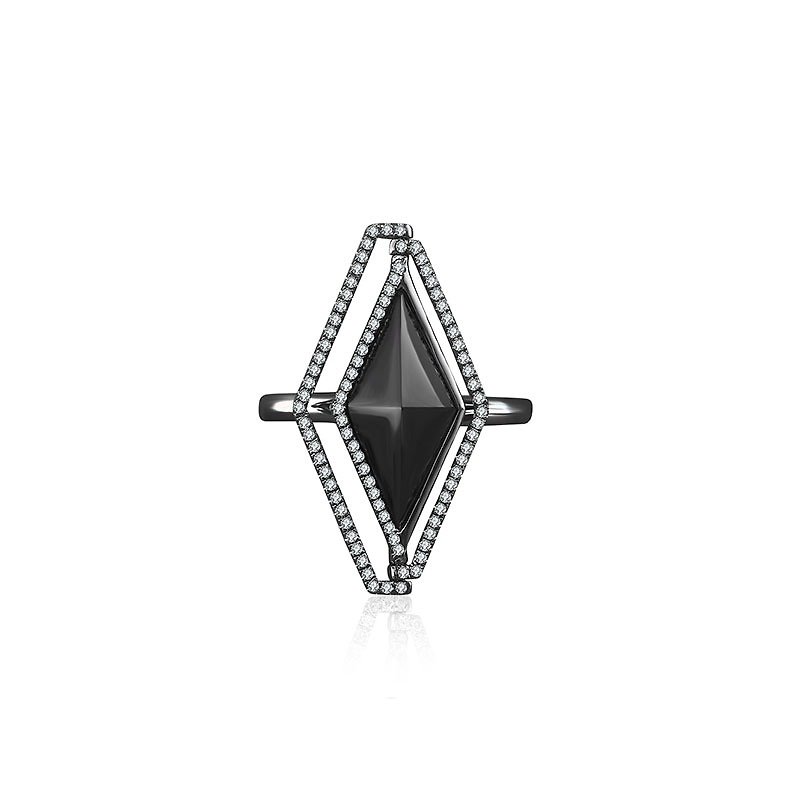 18k黑色瑪瑙鑽石戒指 - 戒指 - 其他金屬 黑色
