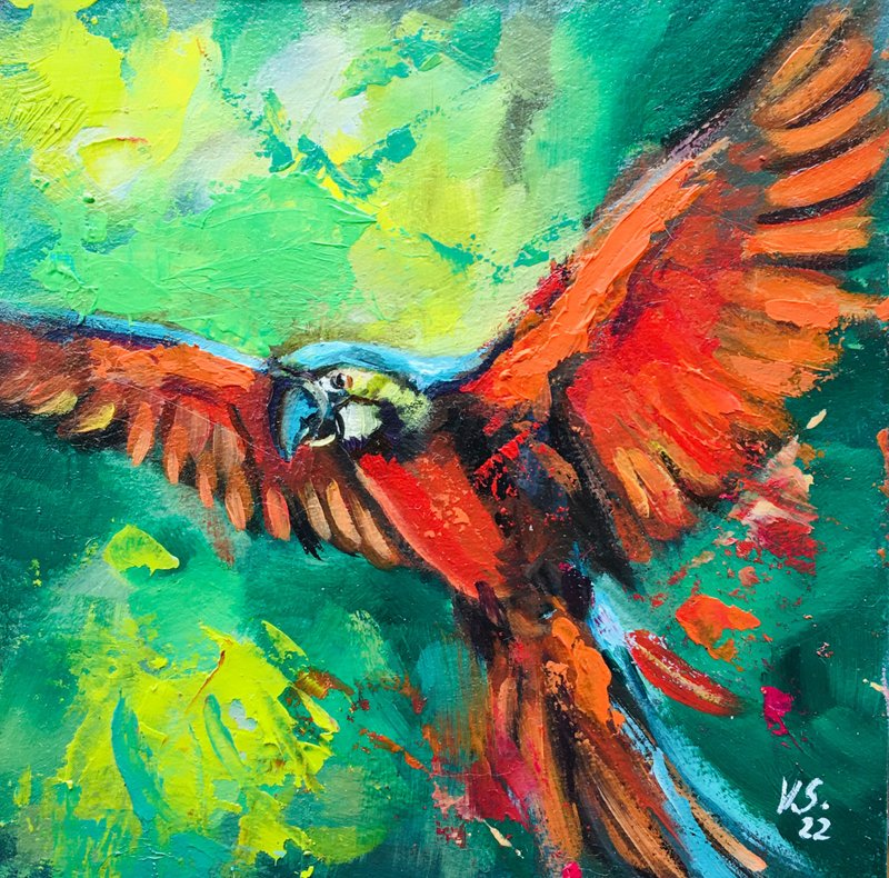 Framed Small painting red parrot Bird Frame Oil Birds Artwork Original - ตกแต่งผนัง - วัสดุอื่นๆ สีเขียว